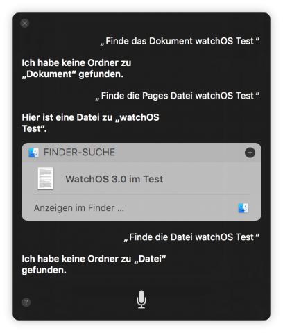 Siri soll die Dateisuche erleichtern. Nur in einem Fall finden wir unseren alten Test von WatchOS. (Screenshot: Golem.de)